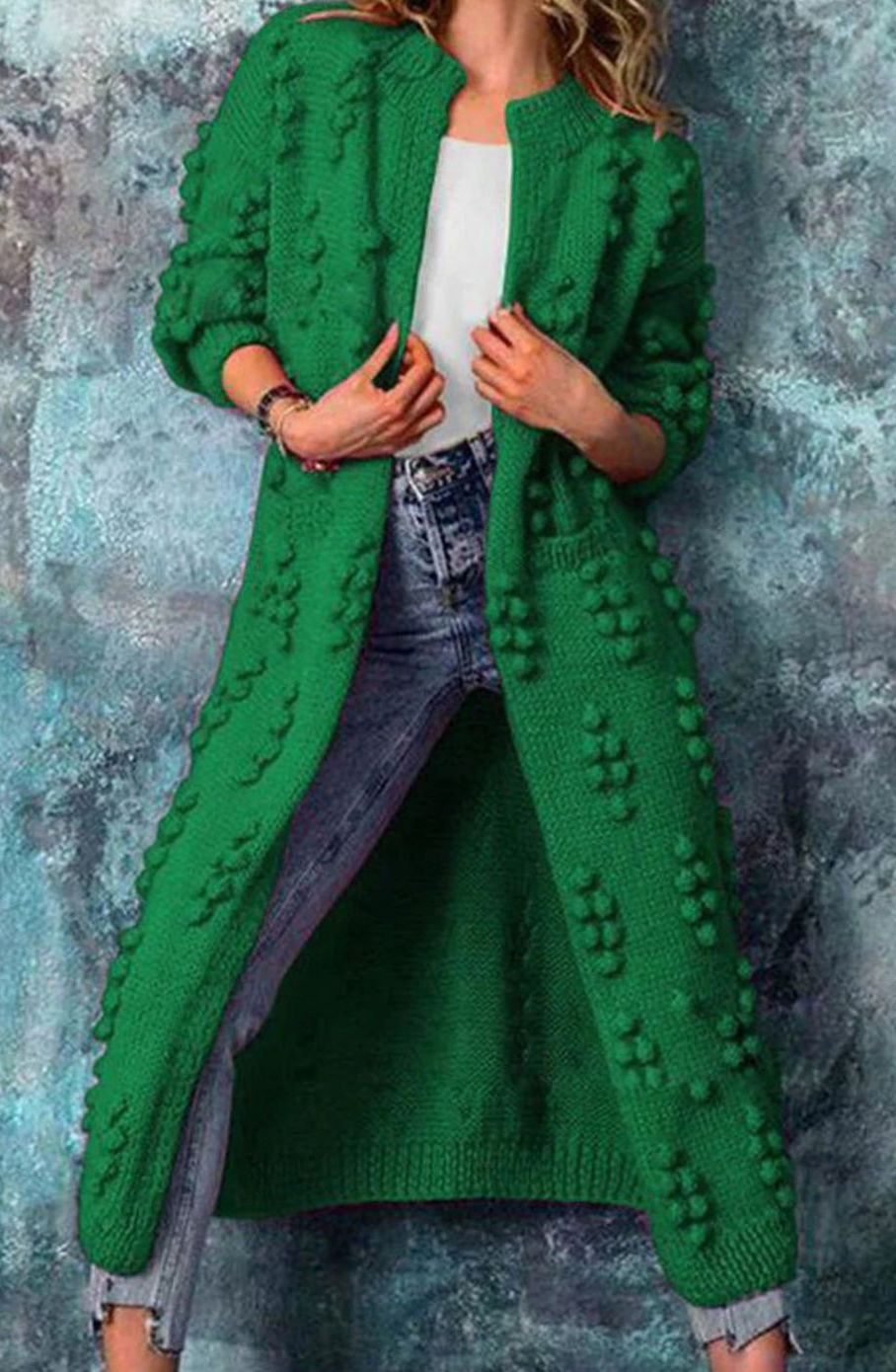 Women's Long Pom-Detail Open-Front Knitted Cardigan Sweater - Green