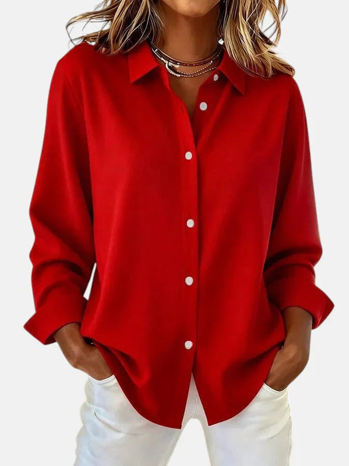 Women's Long-Sleeve Button-Down Collared Relaxed Blouse - Red