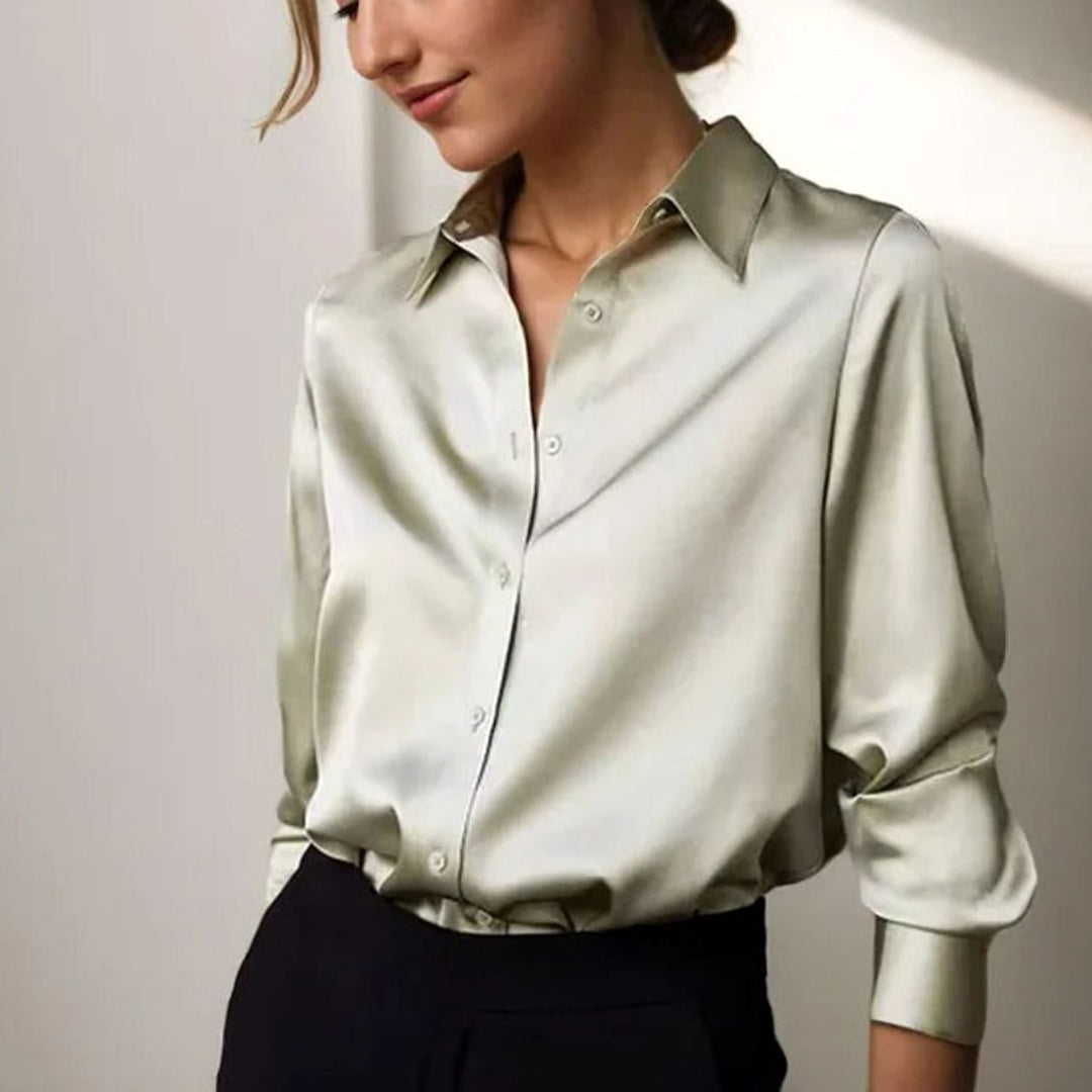 Women's Long Sleeve Button-Down Satin Blouses Loose Collared Shirt - Green