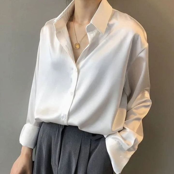 Women's Long Sleeve Button-Down Satin Blouses Loose Collared Shirt - White