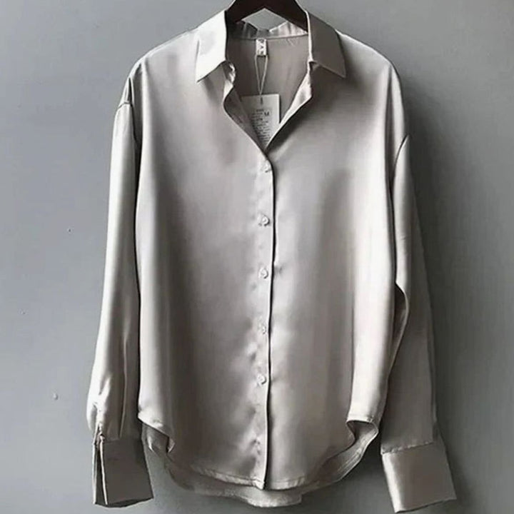 Women's Long Sleeve Button-Down Satin Blouses Loose Collared Shirt - Grey