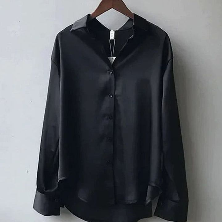 Women's Long Sleeve Button-Down Satin Blouses Loose Collared Shirt - Black