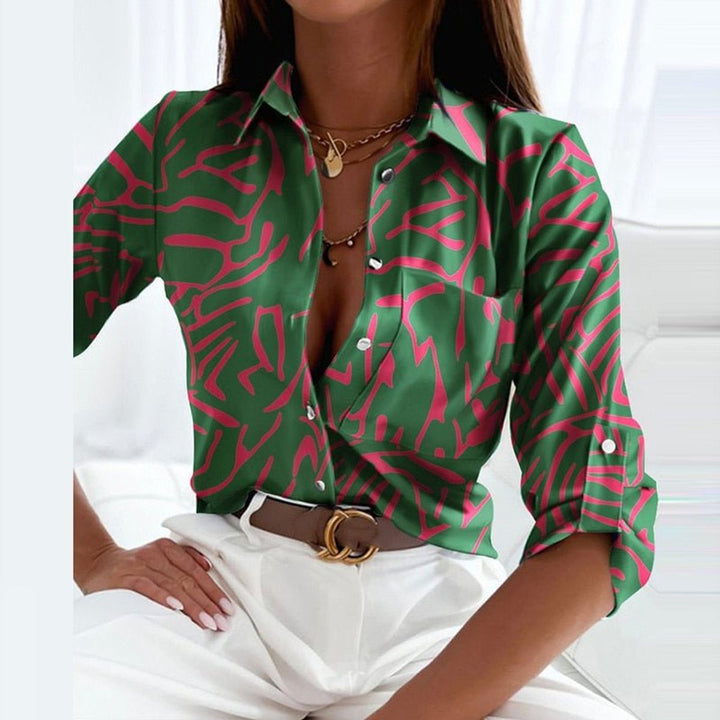 Women's Long-Sleeve Geometric-Print Button-Down Collared Blouse - Green