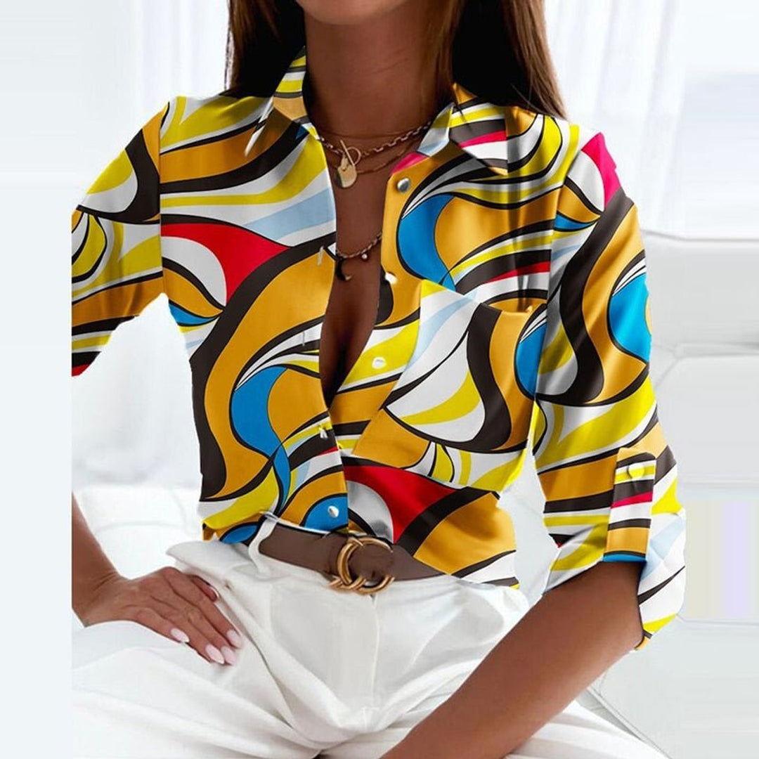 Women's Long-Sleeve Geometric-Print Button-Down Collared Blouse - Yellow Labyrinth