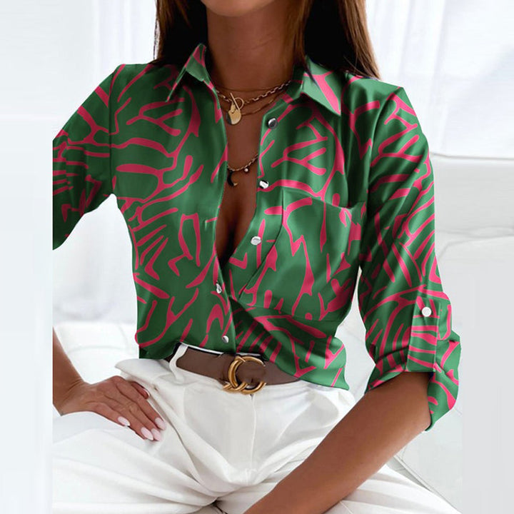 Women's Long-Sleeve Geometric-Print Button-Down Collared Blouse