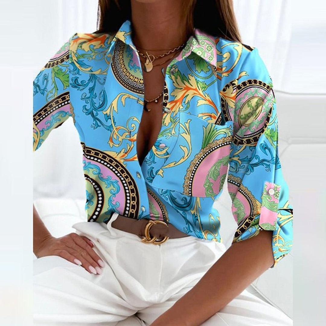 Women's Long-Sleeve Geometric-Print Button-Down Collared Blouse - Light Blue