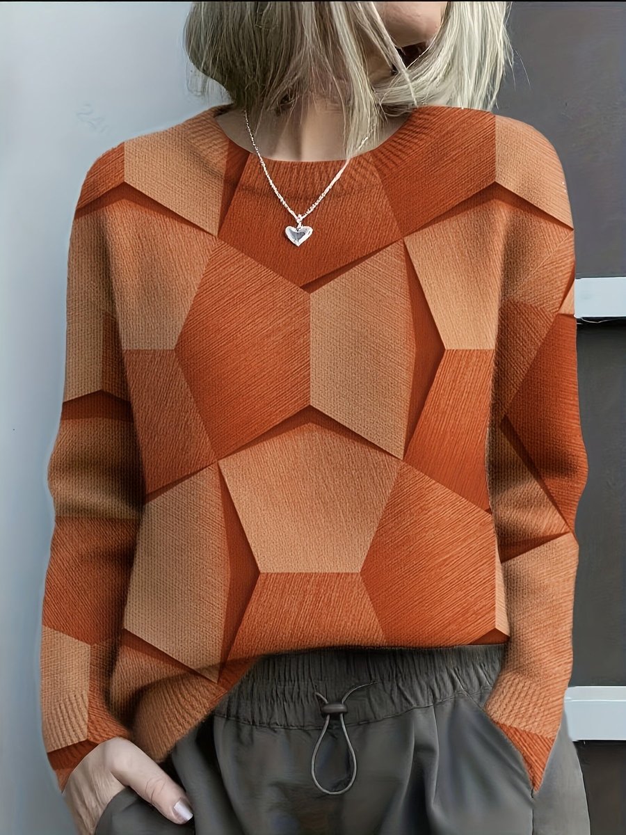 Women's Long Sleeve Geometric Print Knit Sweater Crew Neck - Orange