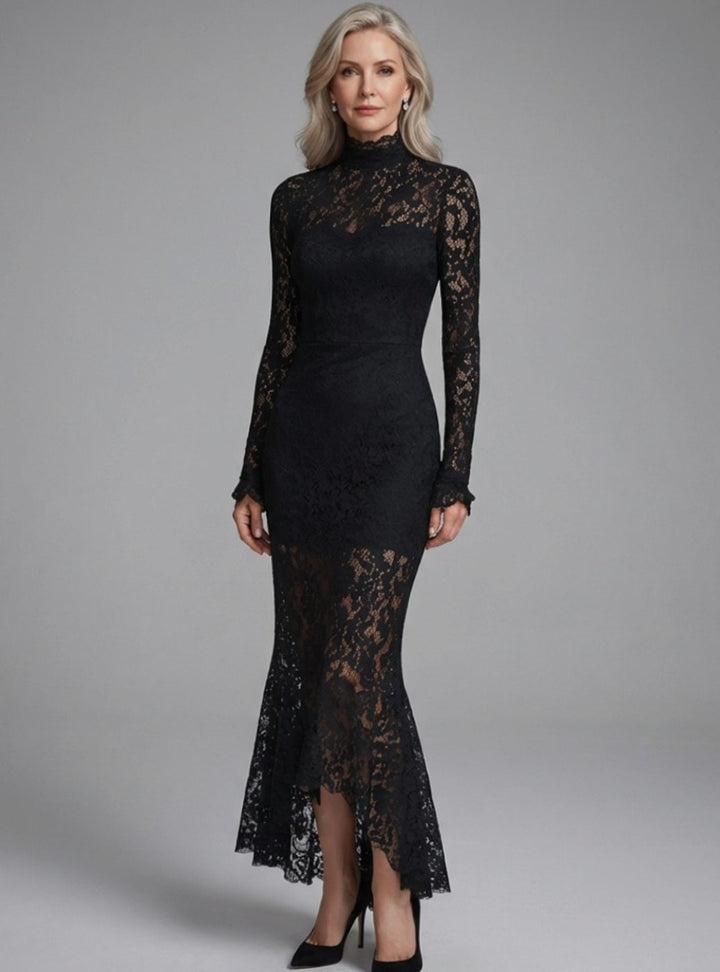 Women's Long Sleeve Mock-Neck Lace Fishtail Midi Dress - Black