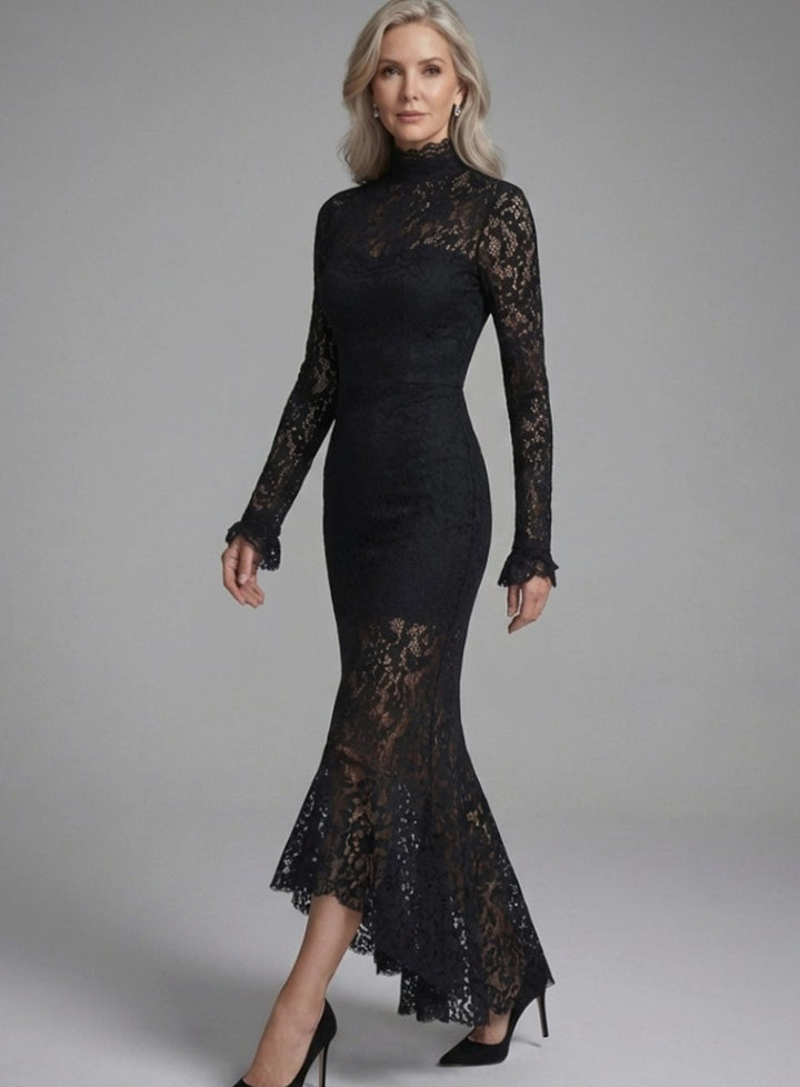 Women's Long Sleeve Mock-Neck Lace Fishtail Midi Dress
