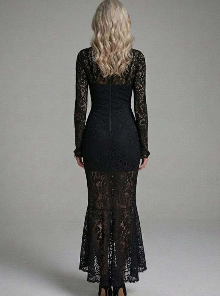 Women's Long Sleeve Mock-Neck Lace Fishtail Midi Dress