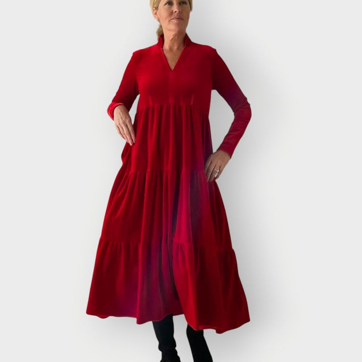 Women's Long-Sleeve Velvet Tiered Maxi Formal Dress - Red