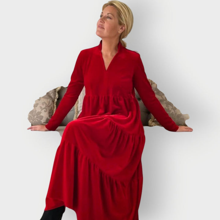 Women's Long-Sleeve Velvet Tiered Maxi Formal Dress