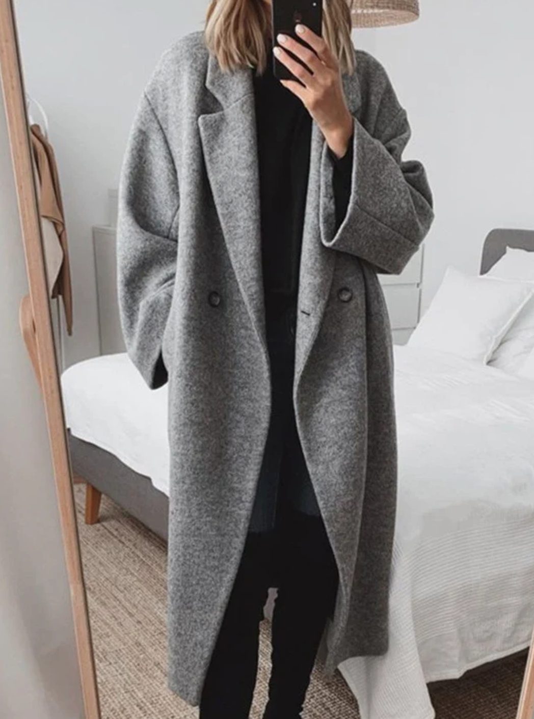 Women's Long Winter Tailored Overcoat Double-Breasted Wool Blend - Gray