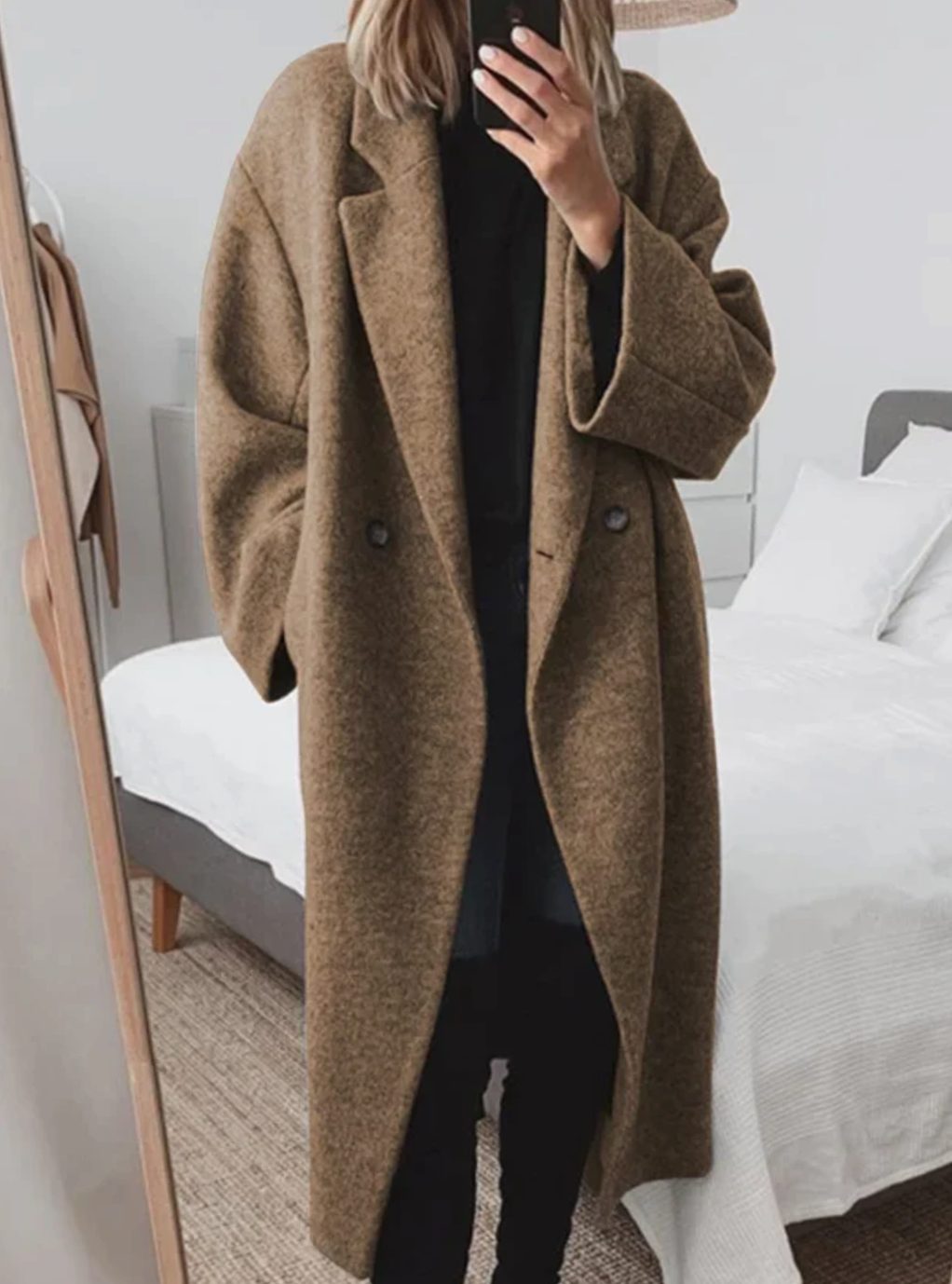 Women's Long Winter Tailored Overcoat Double-Breasted Wool Blend - Brown
