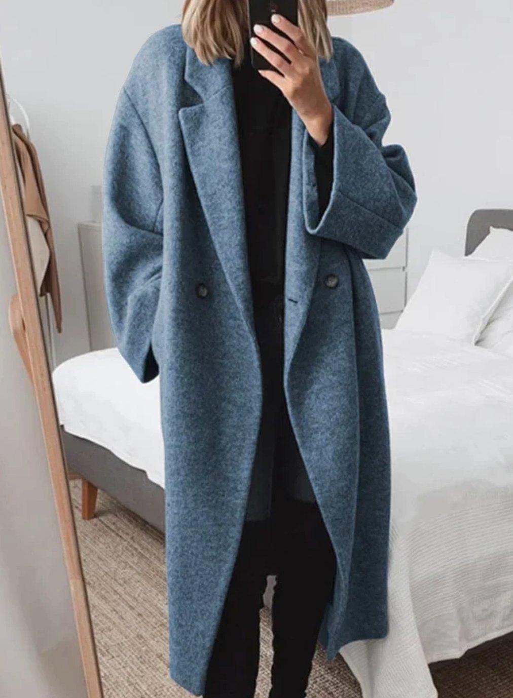 Women's Long Winter Tailored Overcoat Double-Breasted Wool Blend - Blue