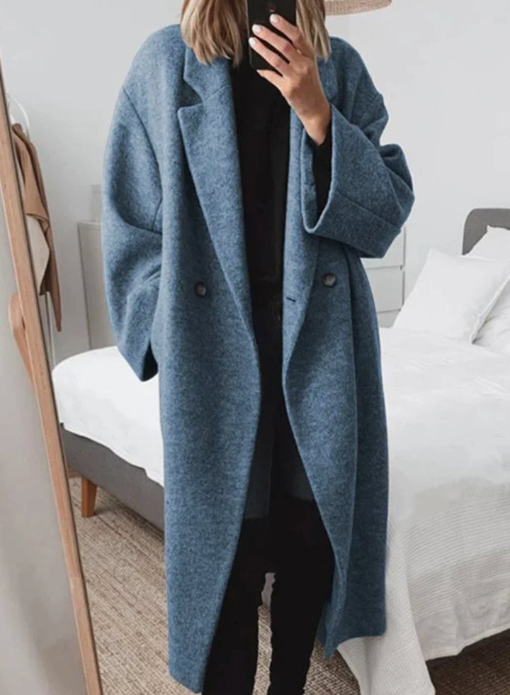Women's Long Winter Tailored Overcoat Double-Breasted Wool Blend - Blue
