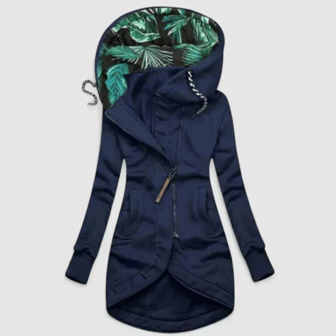 Women's Long Zip-Up Hooded Sweatshirt Jacket Tropical Lining - Navy Blue