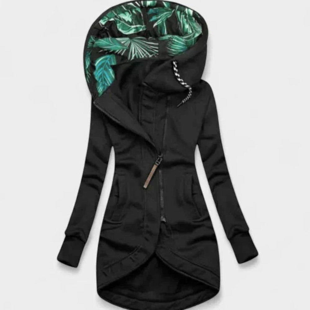 Women's Long Zip-Up Hooded Sweatshirt Jacket Tropical Lining - Black