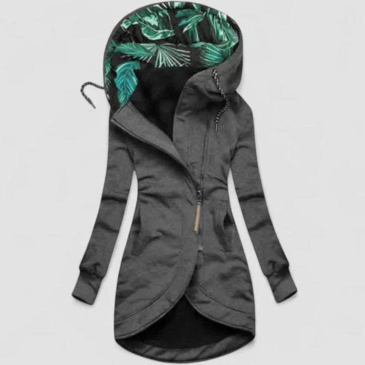 Women's Long Zip-Up Hooded Sweatshirt Jacket Tropical Lining - Grey