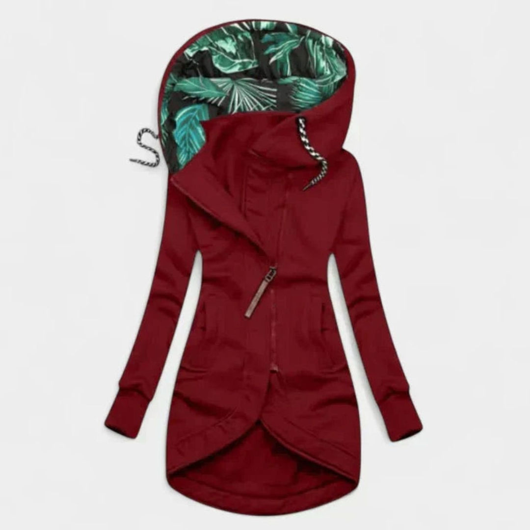 Women's Long Zip-Up Hooded Sweatshirt Jacket Tropical Lining - Burgundy