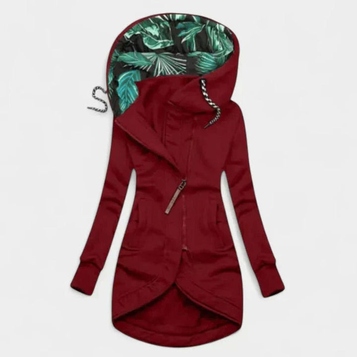 Women's Long Zip-Up Hooded Sweatshirt Jacket Tropical Lining - Burgundy