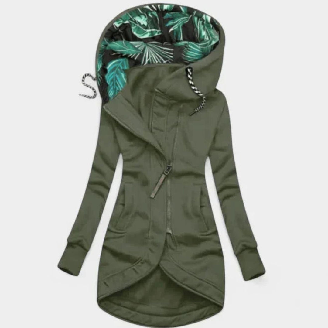 Women's Long Zip-Up Hooded Sweatshirt Jacket Tropical Lining - Olive Green