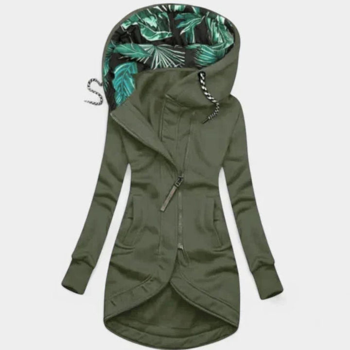 Women's Long Zip-Up Hooded Sweatshirt Jacket Tropical Lining - Olive Green