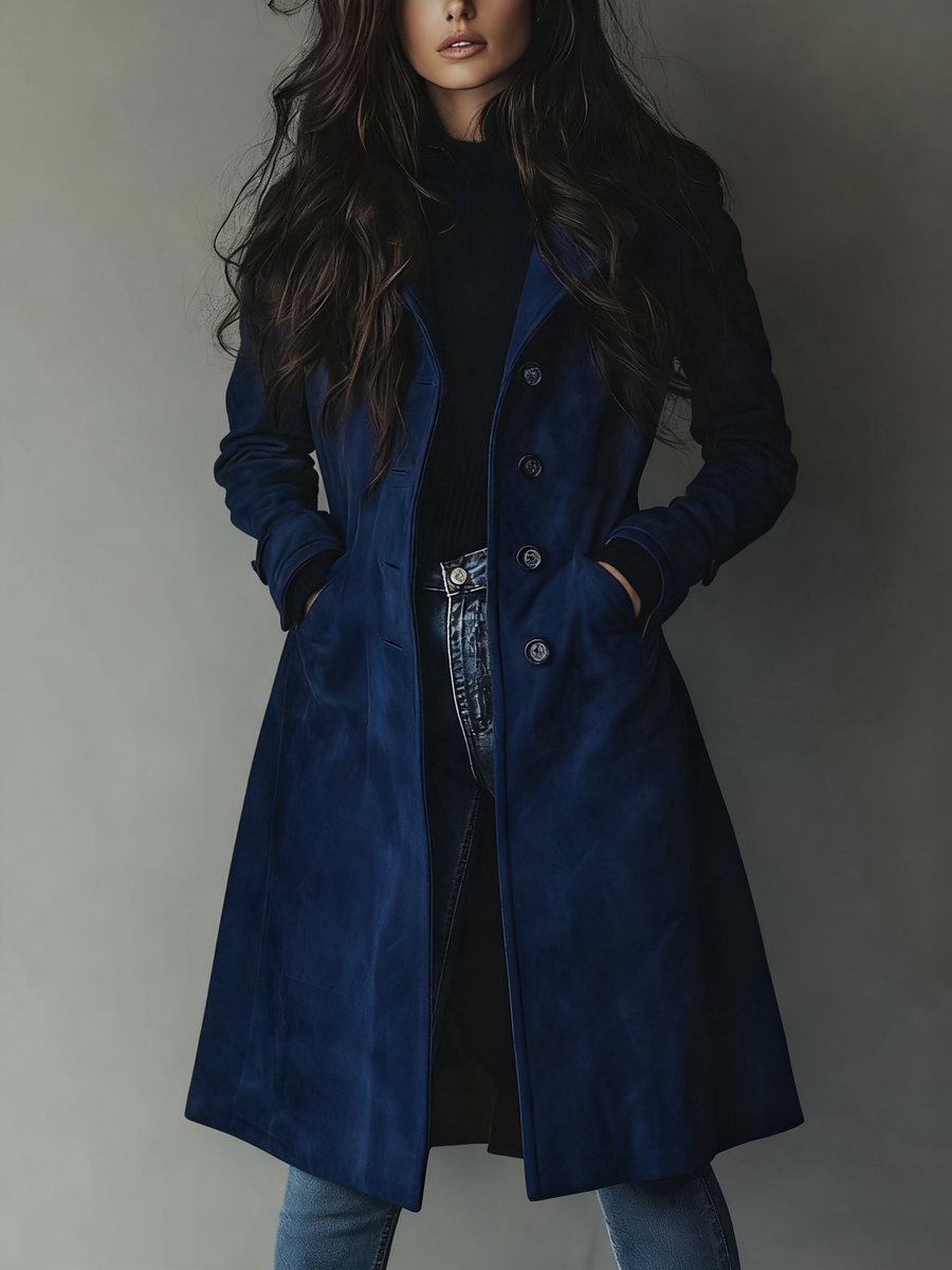 Women's Longline Double-Breasted Tailored Trench Coat - Dark Blue