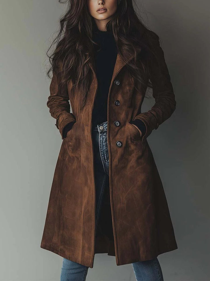 Women's Longline Double-Breasted Tailored Trench Coat - Brown