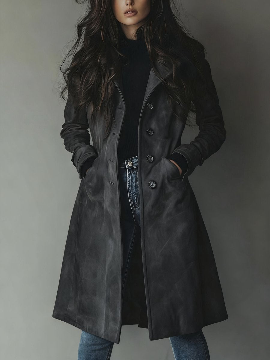 Women's Longline Double-Breasted Tailored Trench Coat - Dark Grey