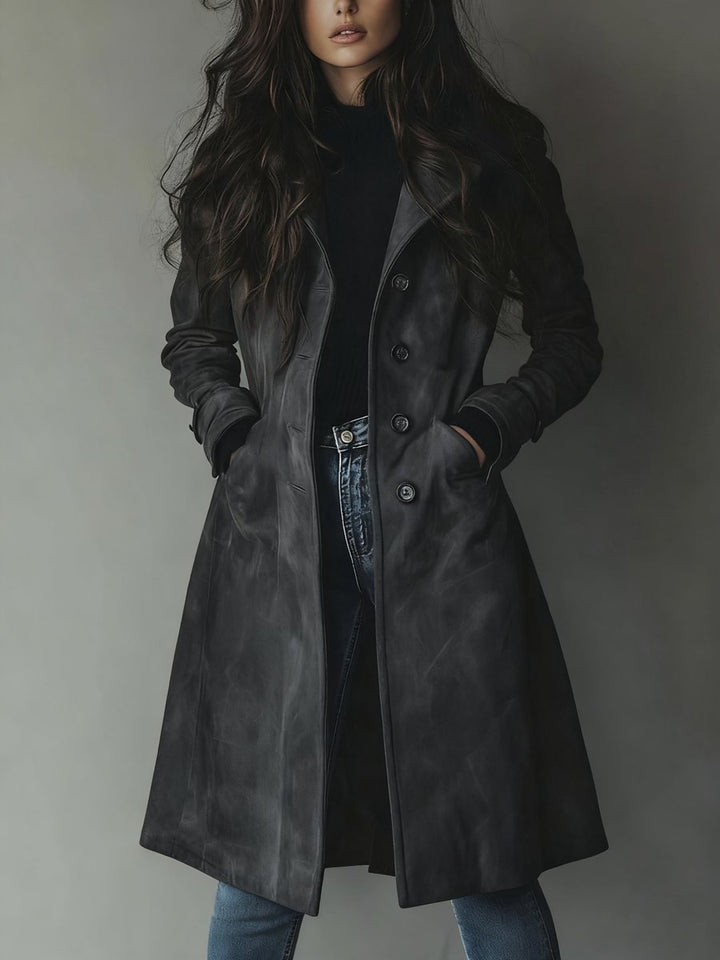Women's Longline Double-Breasted Tailored Trench Coat - Dark Grey