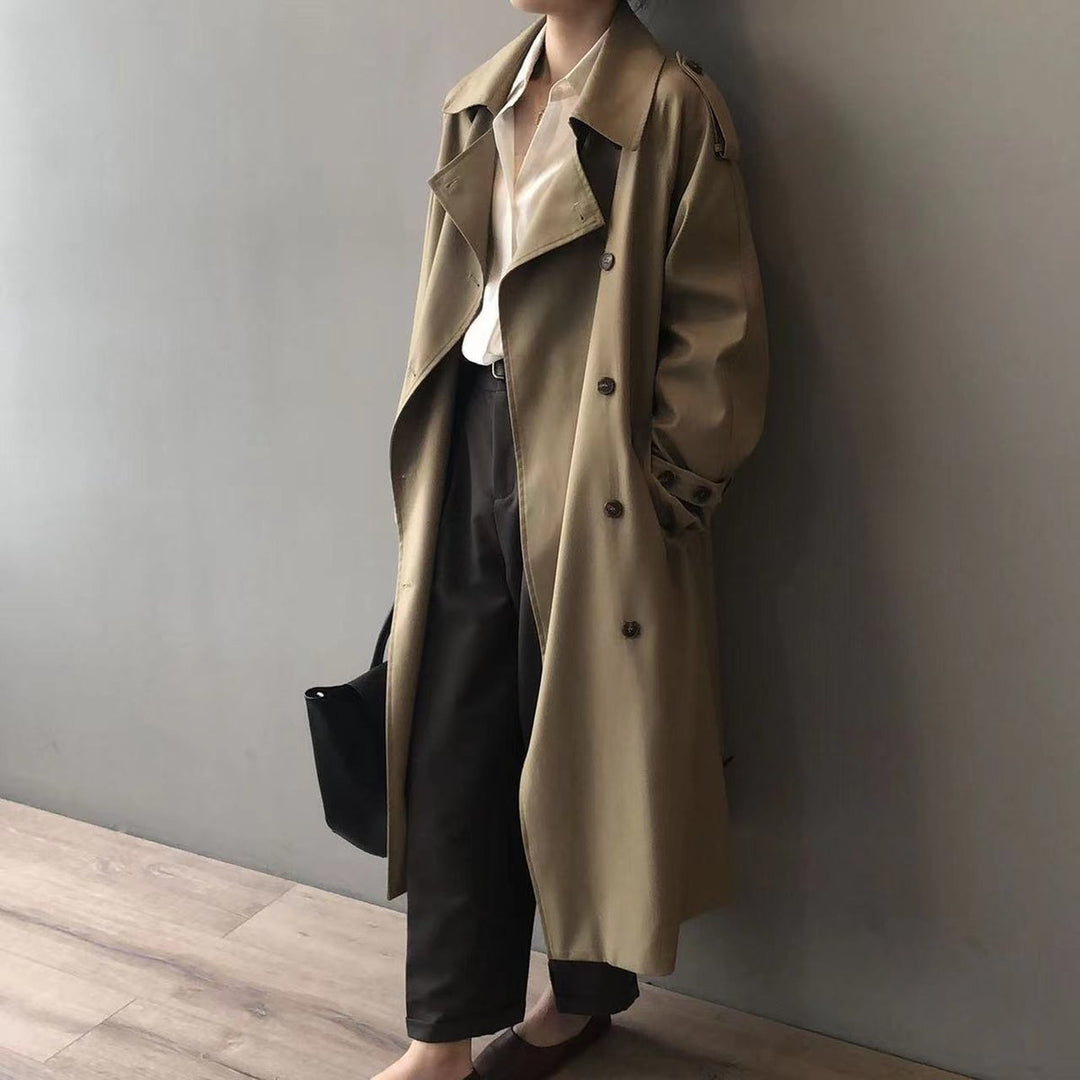 Women's Longline Double-Breasted Water-Repellent Trench Coat - Khaki
