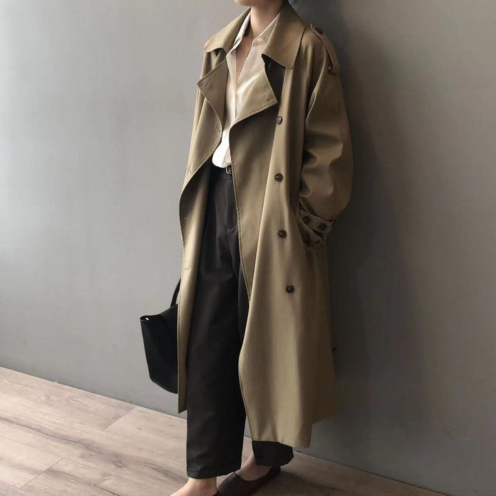 Women's Longline Double-Breasted Water-Repellent Trench Coat - Khaki