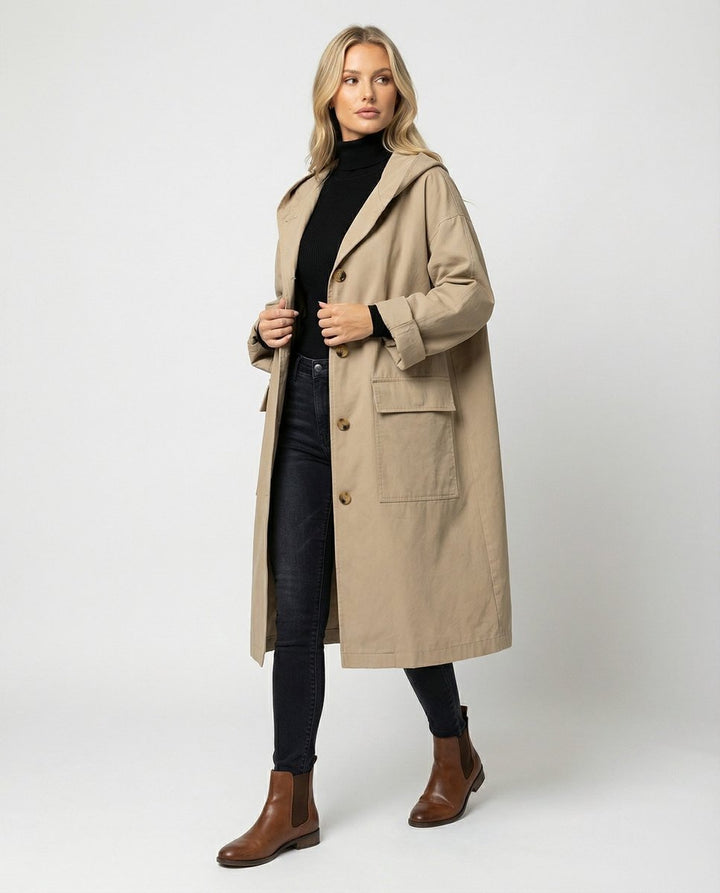 Women's Longline Hooded Waterproof Windproof Button-Front Trench Coat - Beige