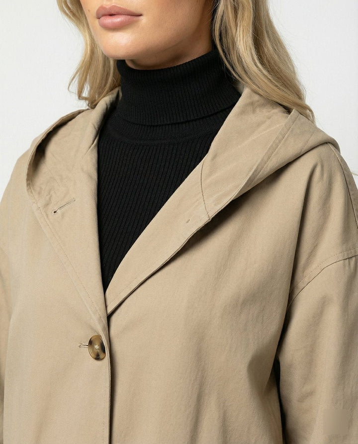 Women's Longline Hooded Waterproof Windproof Button-Front Trench Coat
