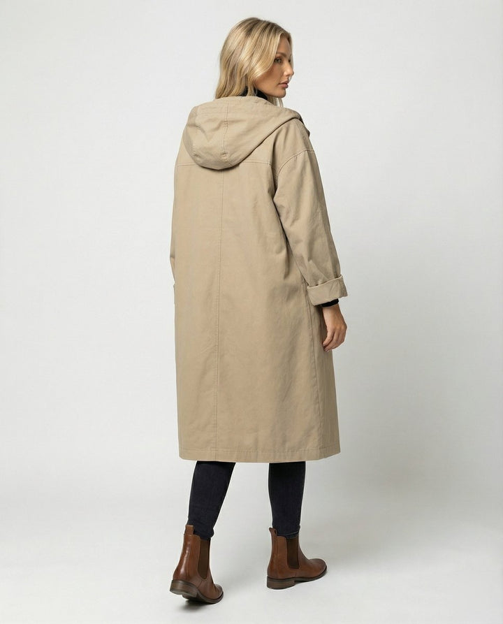 Women's Longline Hooded Waterproof Windproof Button-Front Trench Coat