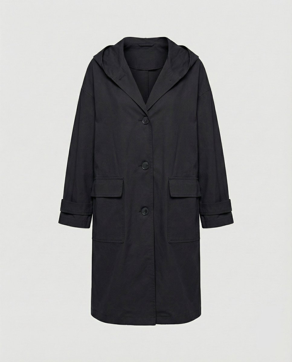 Women's Longline Hooded Waterproof Windproof Button-Front Trench Coat - Black