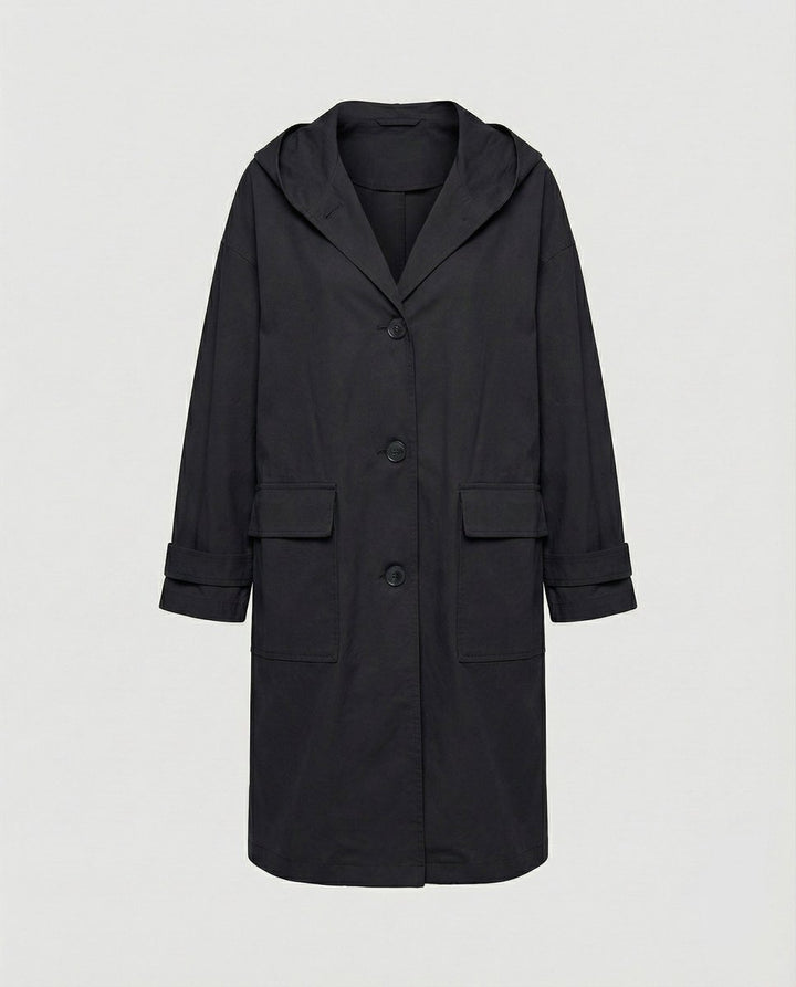 Women's Longline Hooded Waterproof Windproof Button-Front Trench Coat - Black
