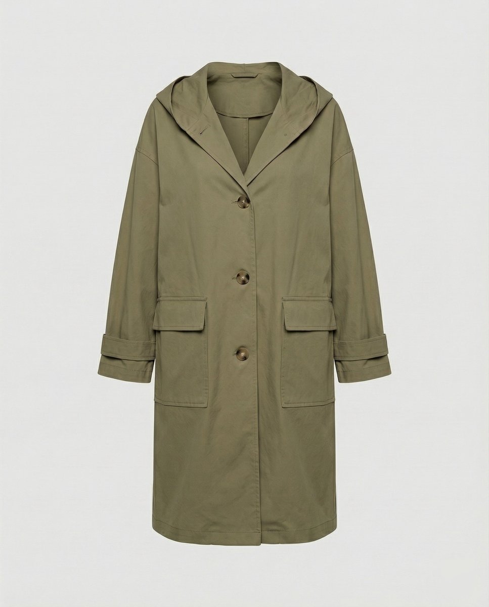 Women's Longline Hooded Waterproof Windproof Button-Front Trench Coat - Green