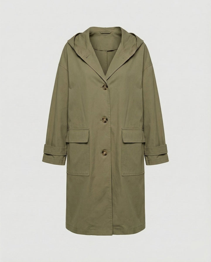 Women's Longline Hooded Waterproof Windproof Button-Front Trench Coat - Green