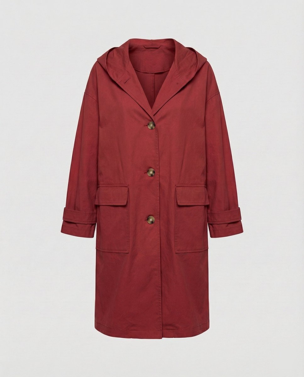 Women's Longline Hooded Waterproof Windproof Button-Front Trench Coat - Red