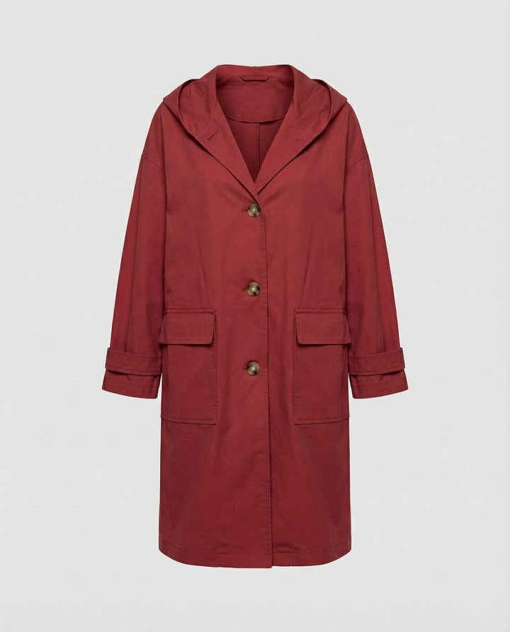 Women's Longline Hooded Waterproof Windproof Button-Front Trench Coat - Red