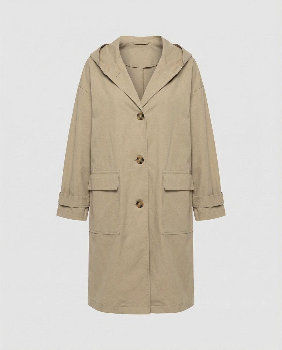 Women's Longline Hooded Waterproof Windproof Button-Front Trench Coat