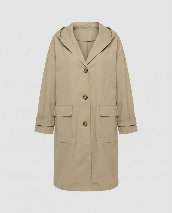 Women's Longline Hooded Waterproof Windproof Button-Front Trench Coat