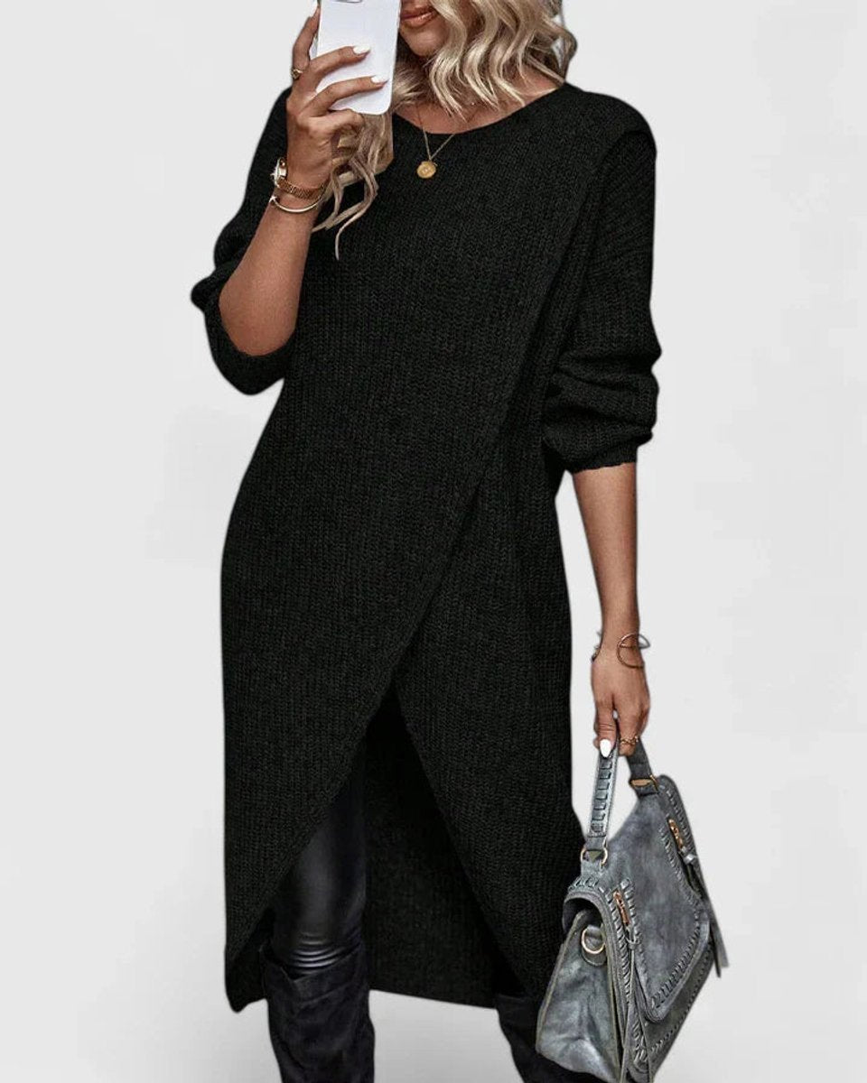 Women's Longline Tulip-Hem Knit Sweater Dress - Black