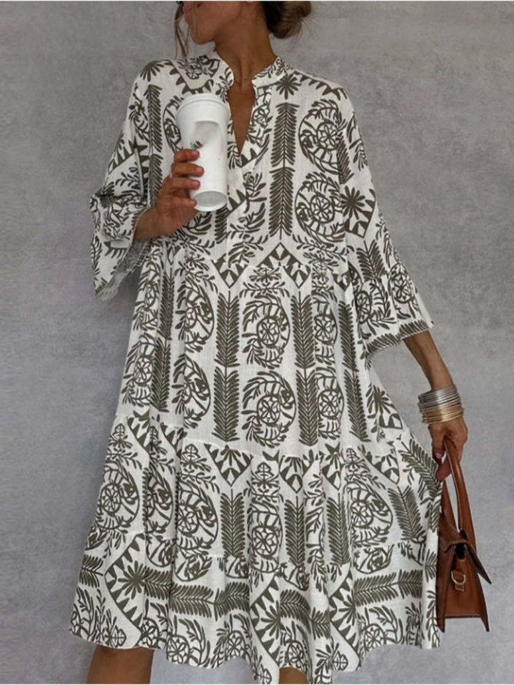 Women's Loose-Fit Floral Print Tunic Dress - Khaki