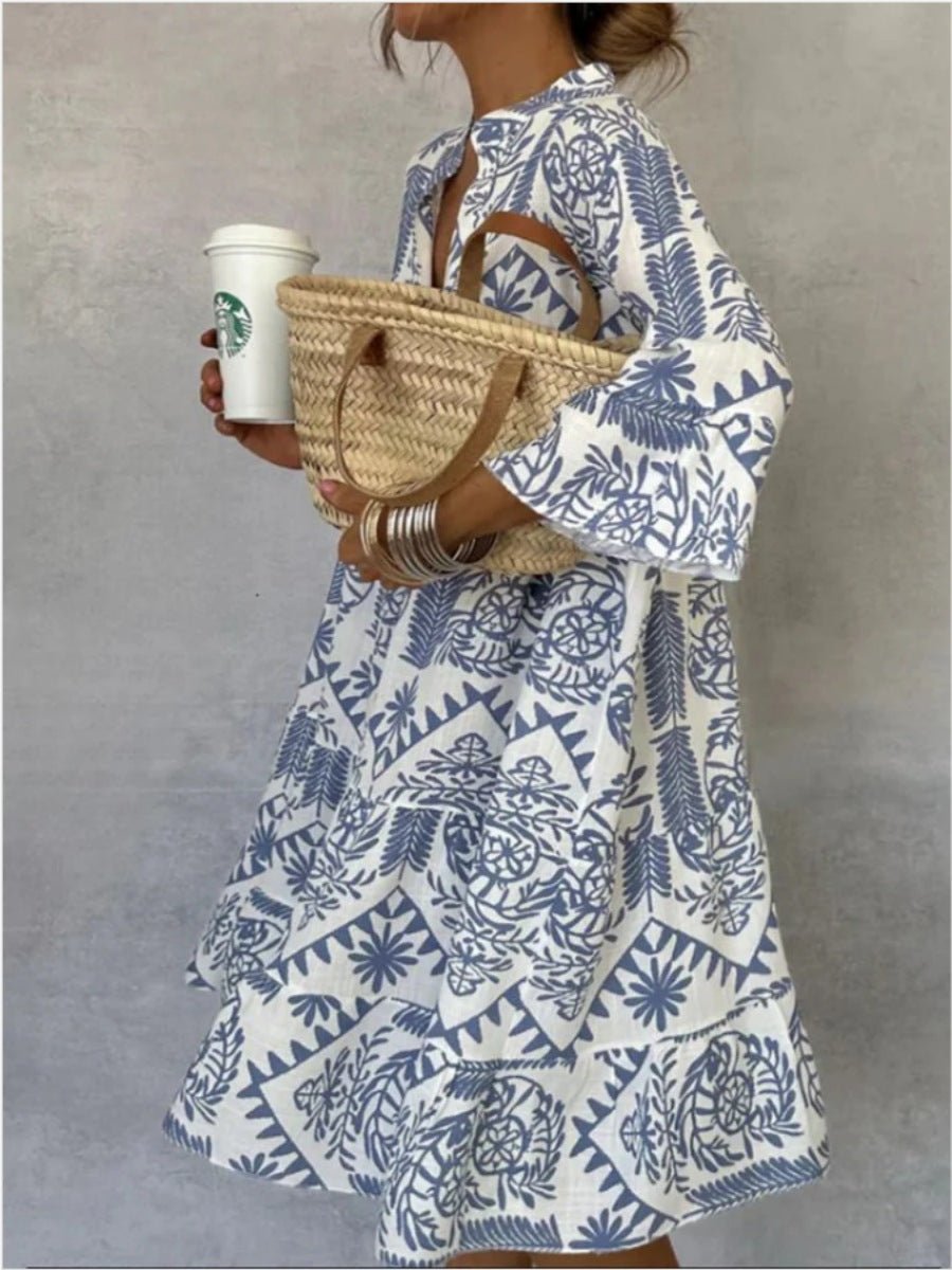 Women's Loose-Fit Floral Print Tunic Dress - Hellblau