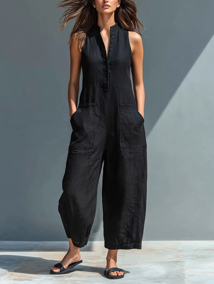 Women's Loose-Fit Sleeveless Linen Blend Stand-Collar Jumpsuit - Black