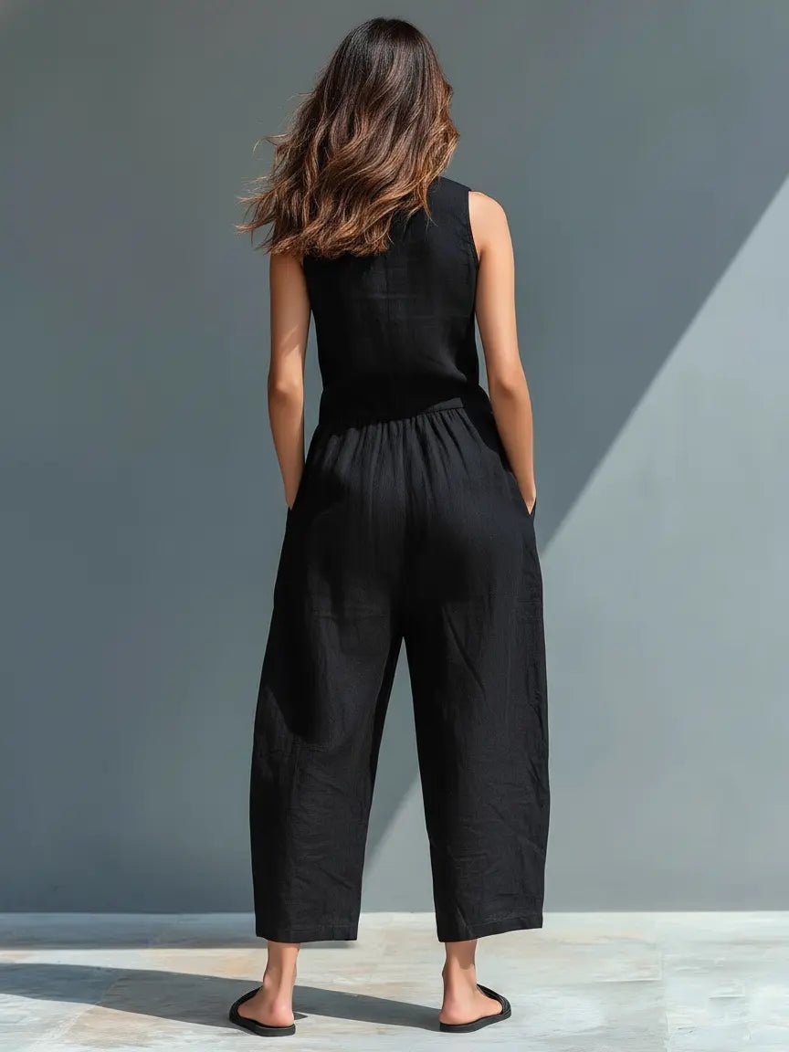 Women's Loose-Fit Sleeveless Linen Blend Stand-Collar Jumpsuit