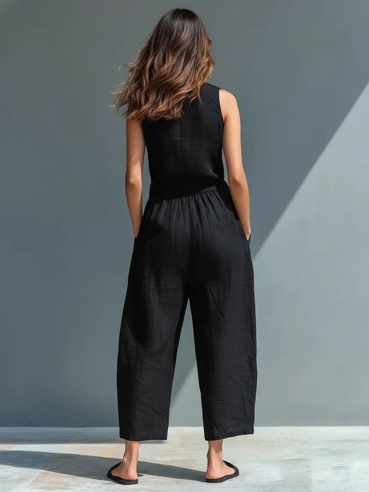 Women's Loose-Fit Sleeveless Linen Blend Stand-Collar Jumpsuit